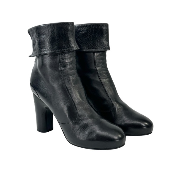 Veronique Branquinho Black Foldover Sock Block Heel Leather Ankle Boots Booties - Picture 1 of 8